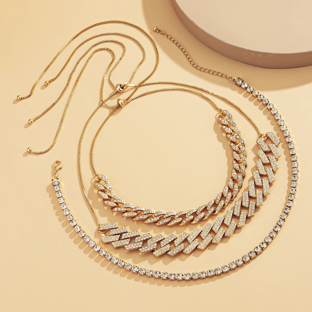 Triple Diamond Layered Necklace Set, Cuban Link Necklace, Tennis Necklace - Picture 5 of 9